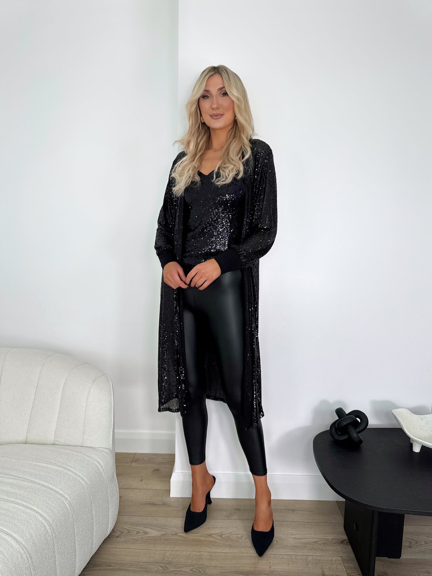 Sequin Longline Cardigan with Ribbed Cuff - Black