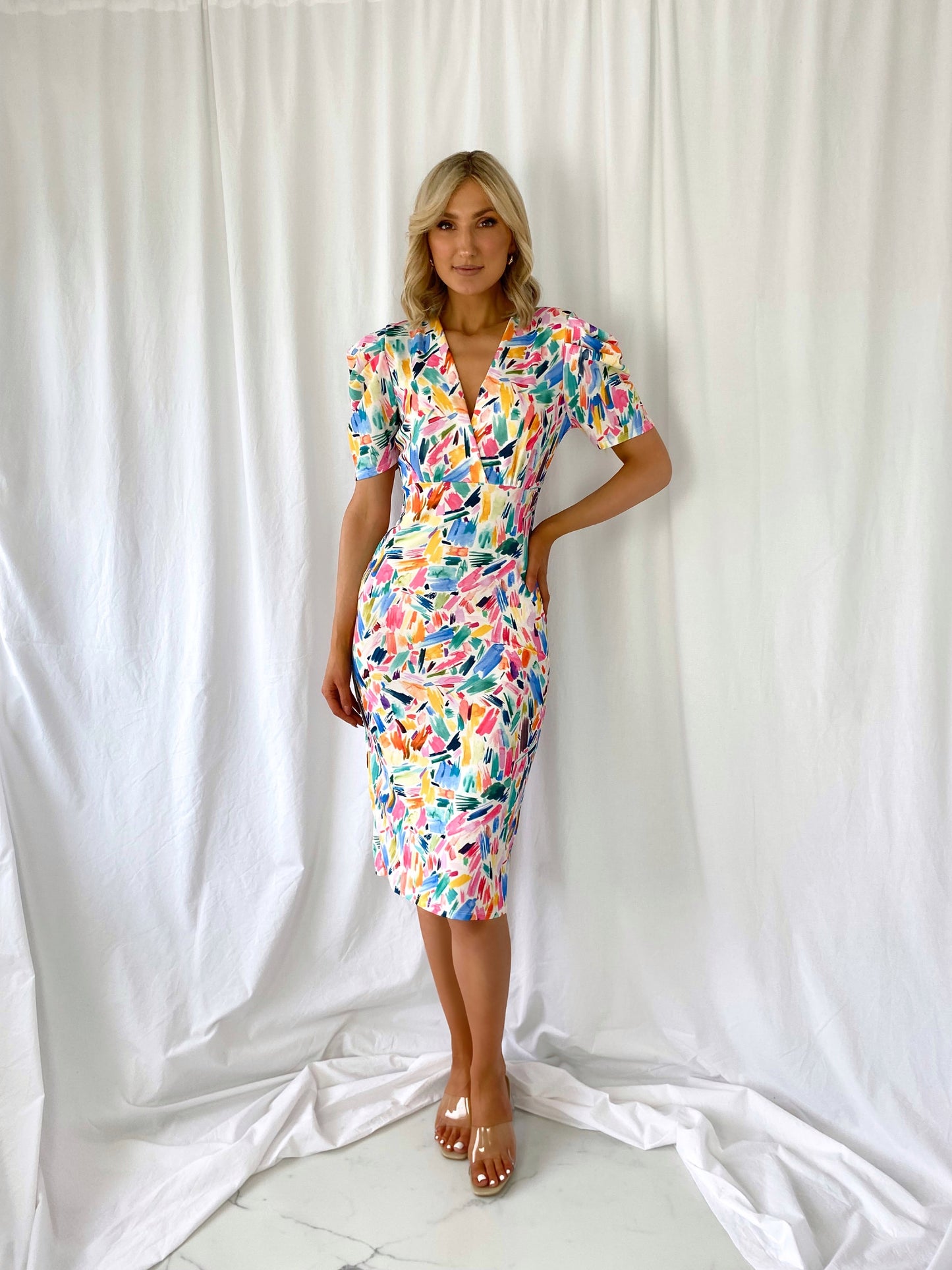 Martha Multicolour Pencil Dress with Short Sleeves