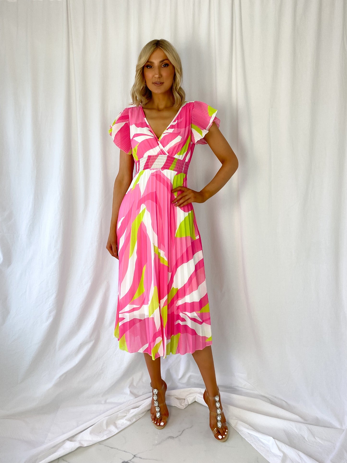 Charlotte Pleated Elasticated Printed Dress - Neon Pink