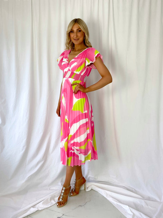 Charlotte Pleated Elasticated Printed Dress - Neon Pink