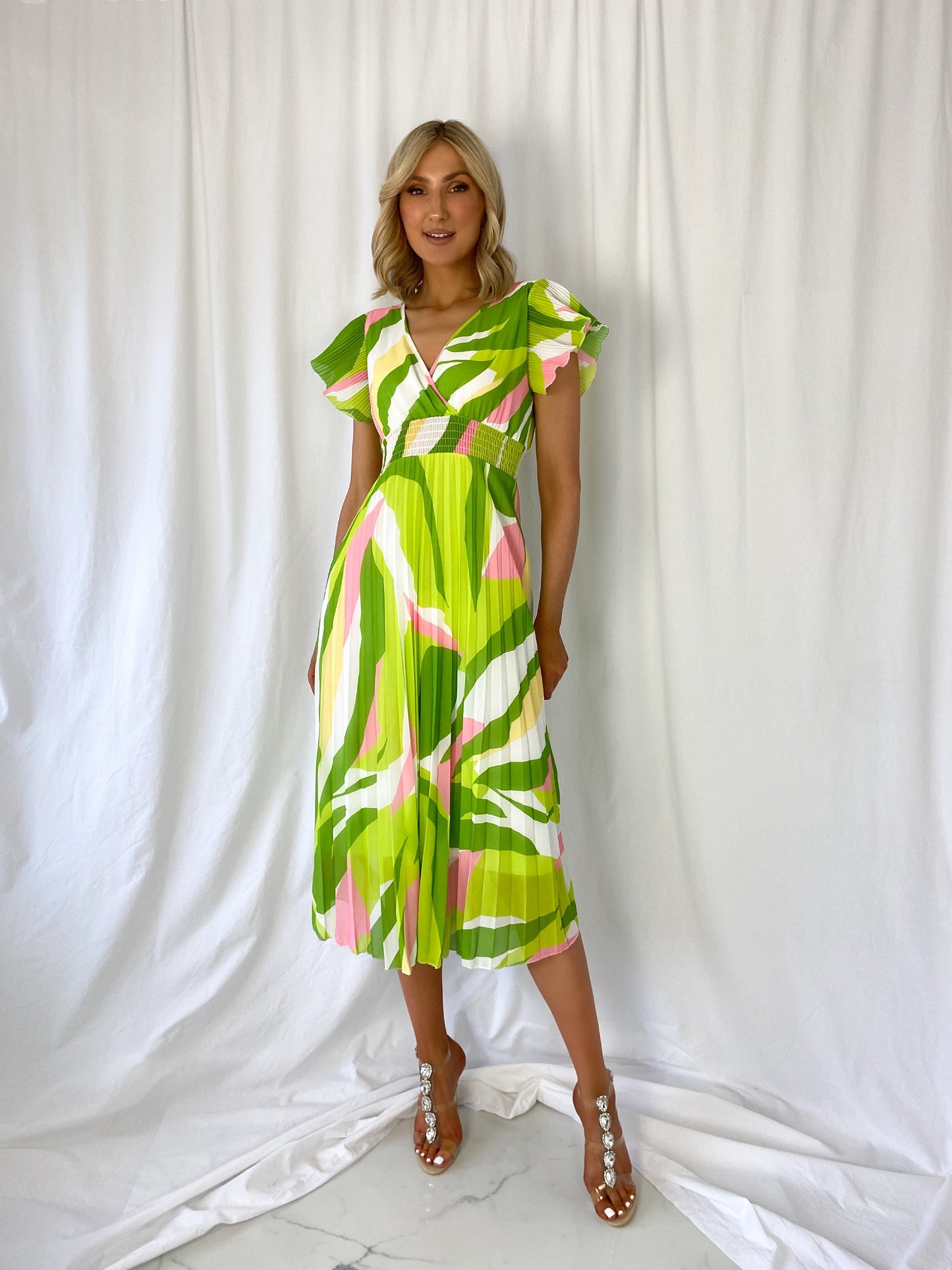 Charlotte Pleated Elasticated Dress - Lime