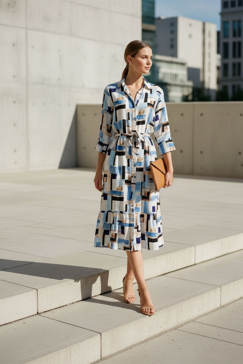 Gail Shirt Style Printed Dress - Blue