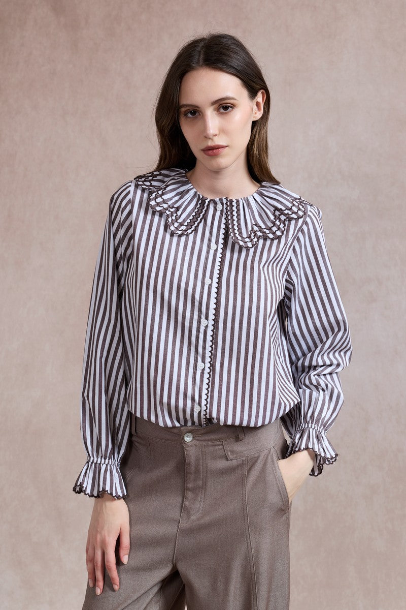 Emily Striped Shirt with Ruffle Collar - Brown