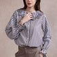 Emily Striped Shirt with Ruffle Collar - Brown