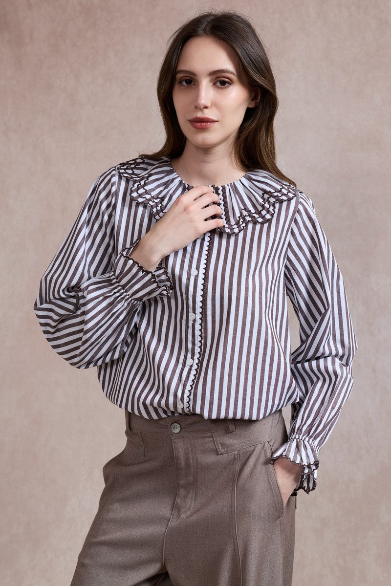 Emily Striped Shirt with Ruffle Collar - Brown