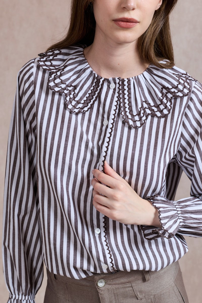 Emily Striped Shirt with Ruffle Collar - Brown