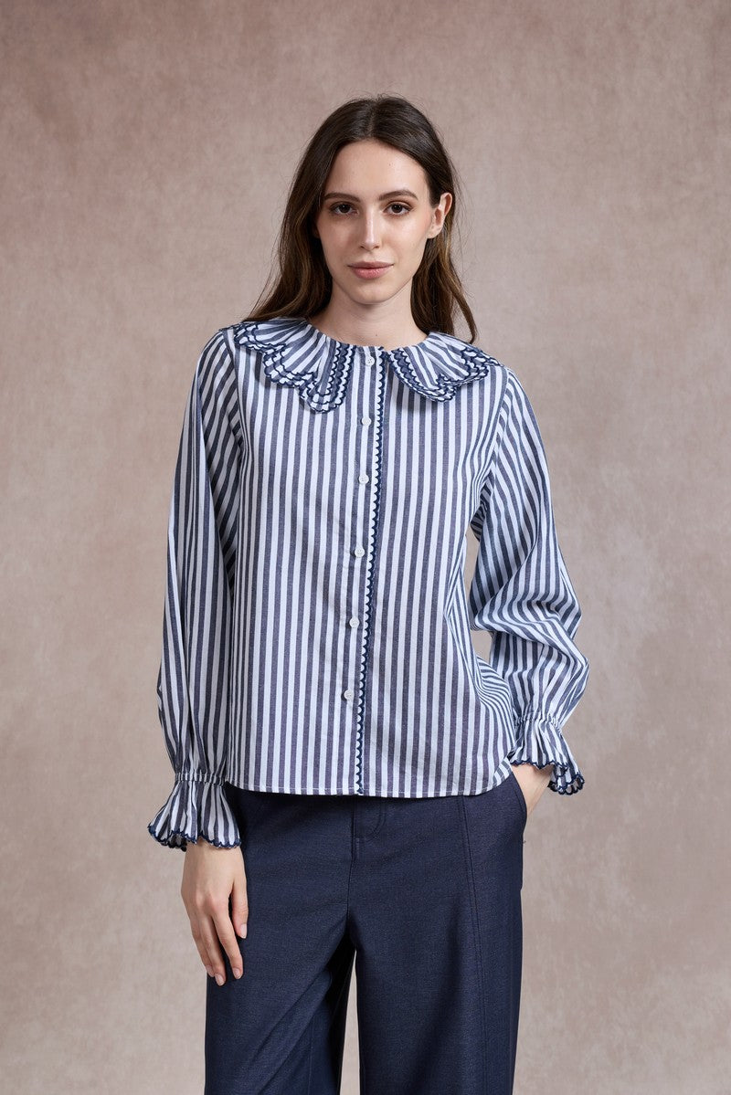 Emily Striped Shirt with Ruffle Collar - Navy