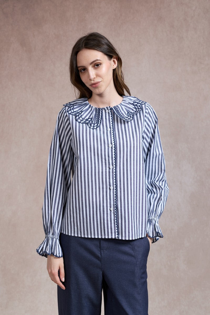 Emily Striped Shirt with Ruffle Collar - Navy