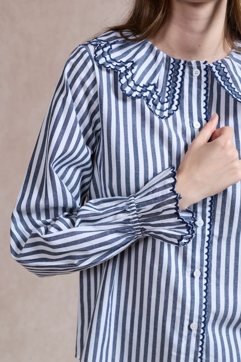 Emily Striped Shirt with Ruffle Collar - Navy