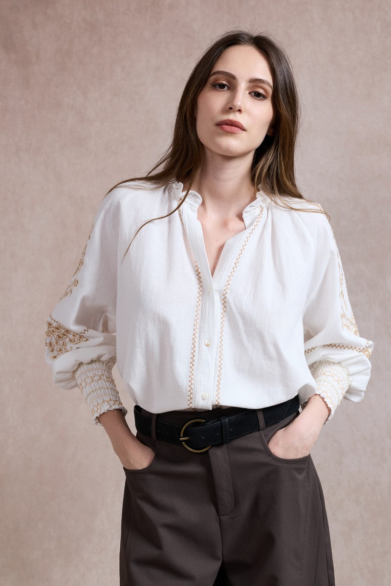 Diana Embroidered Shirt with Elasticated Cuffs - White