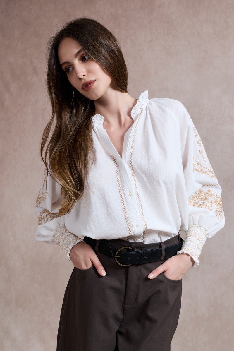 Diana Embroidered Shirt with Elasticated Cuffs - White