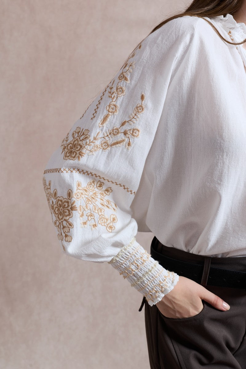 Diana Embroidered Shirt with Elasticated Cuffs - White