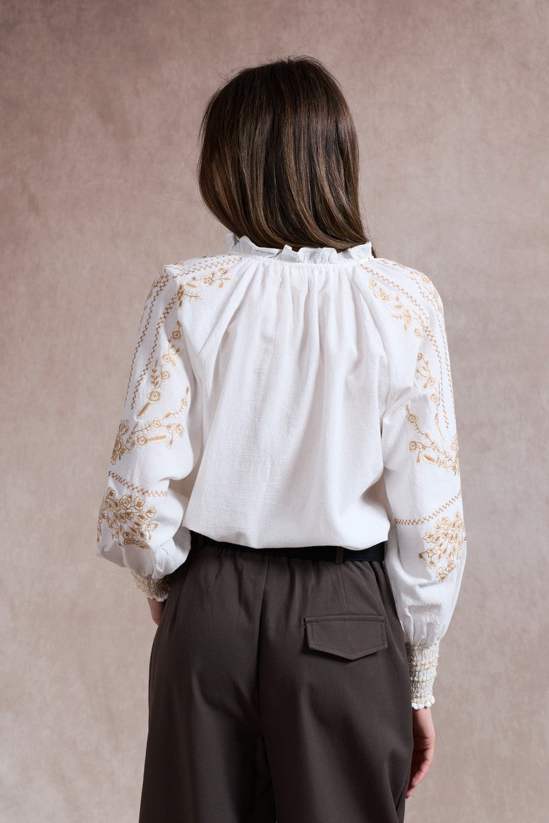 Diana Embroidered Shirt with Elasticated Cuffs - White