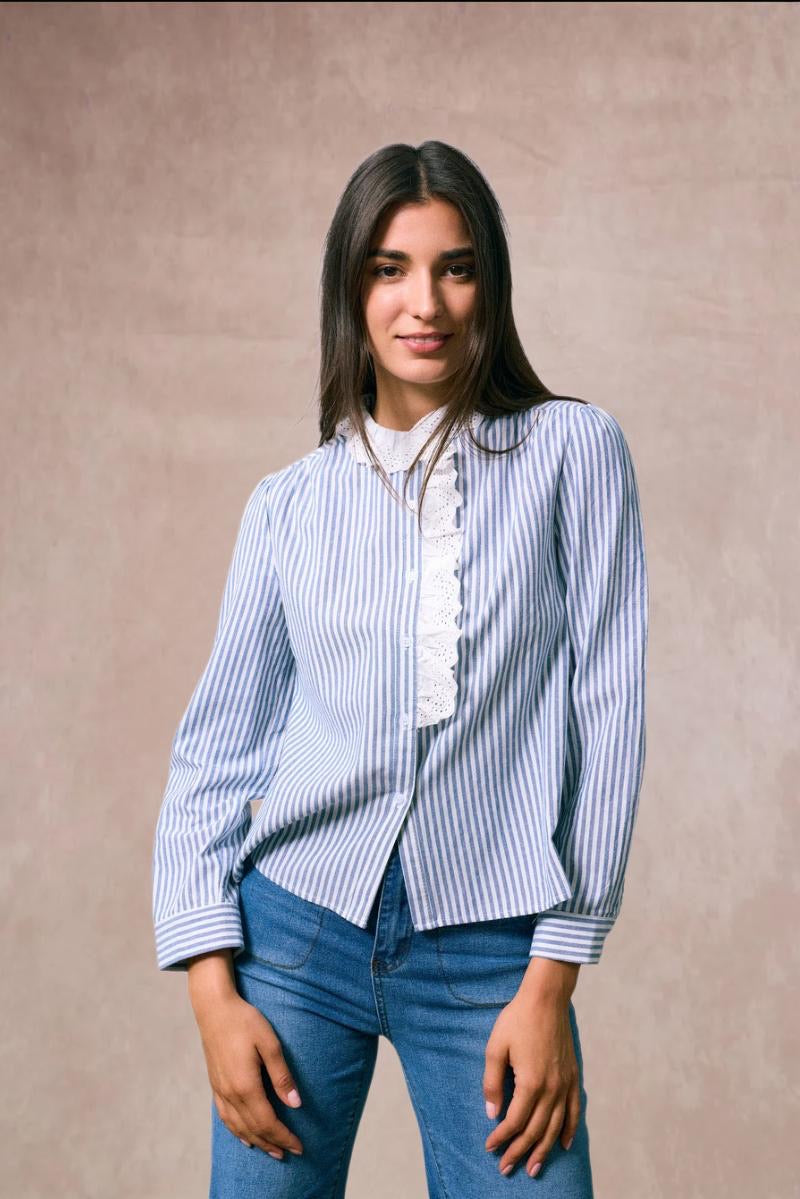 Liz Striped Shirt with Broderie Details - Blue