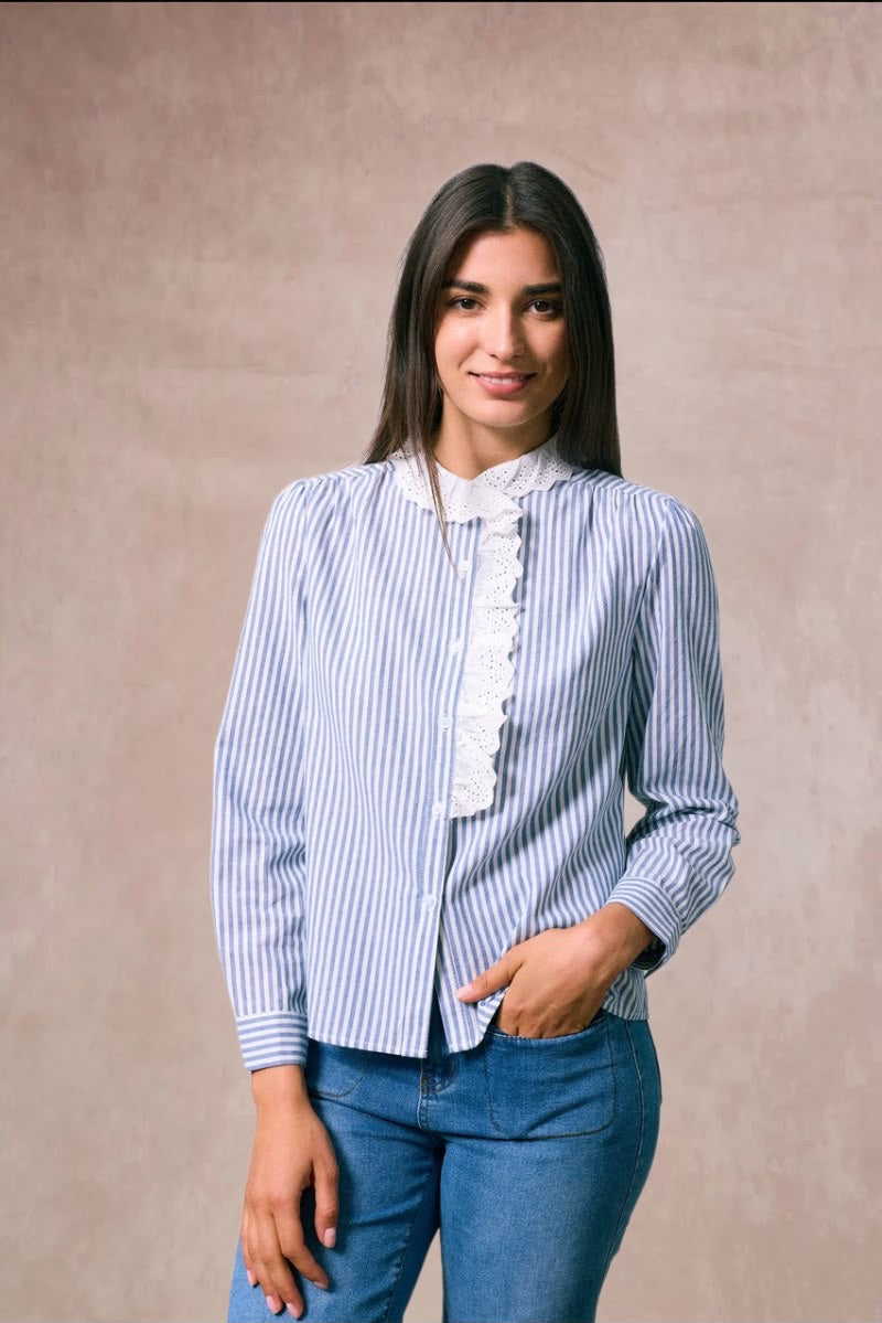 Liz Striped Shirt with Broderie Details - Blue