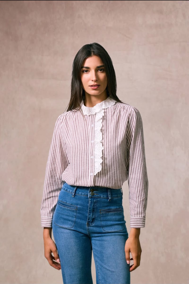 Liz Striped Shirt with Broderie Details - Brown