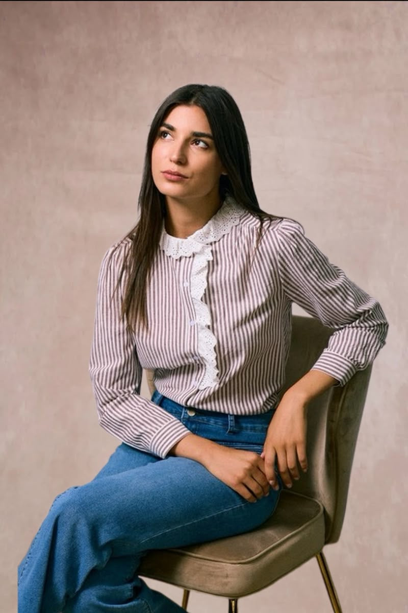 Liz Striped Shirt with Broderie Details - Brown