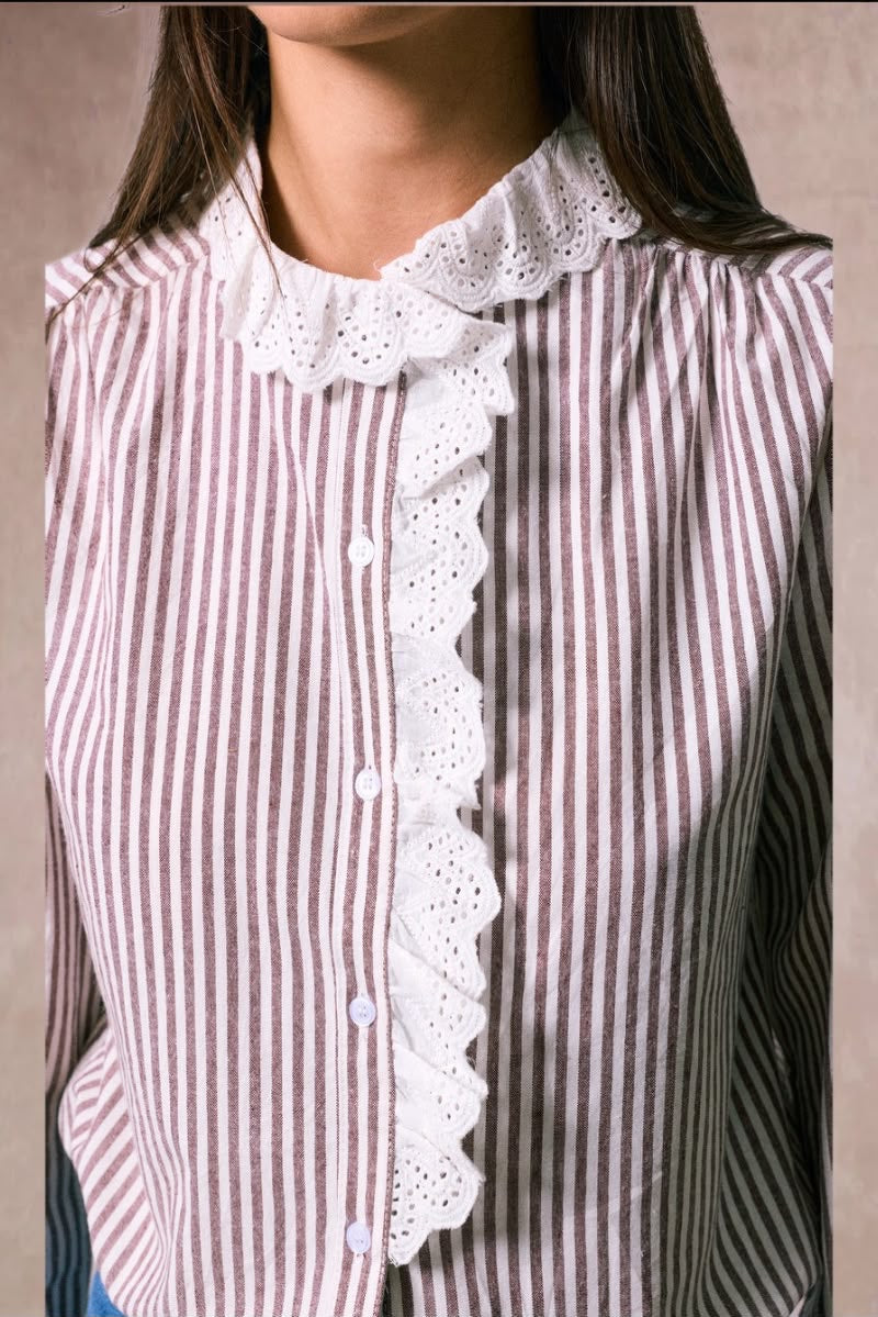Liz Striped Shirt with Broderie Details - Brown