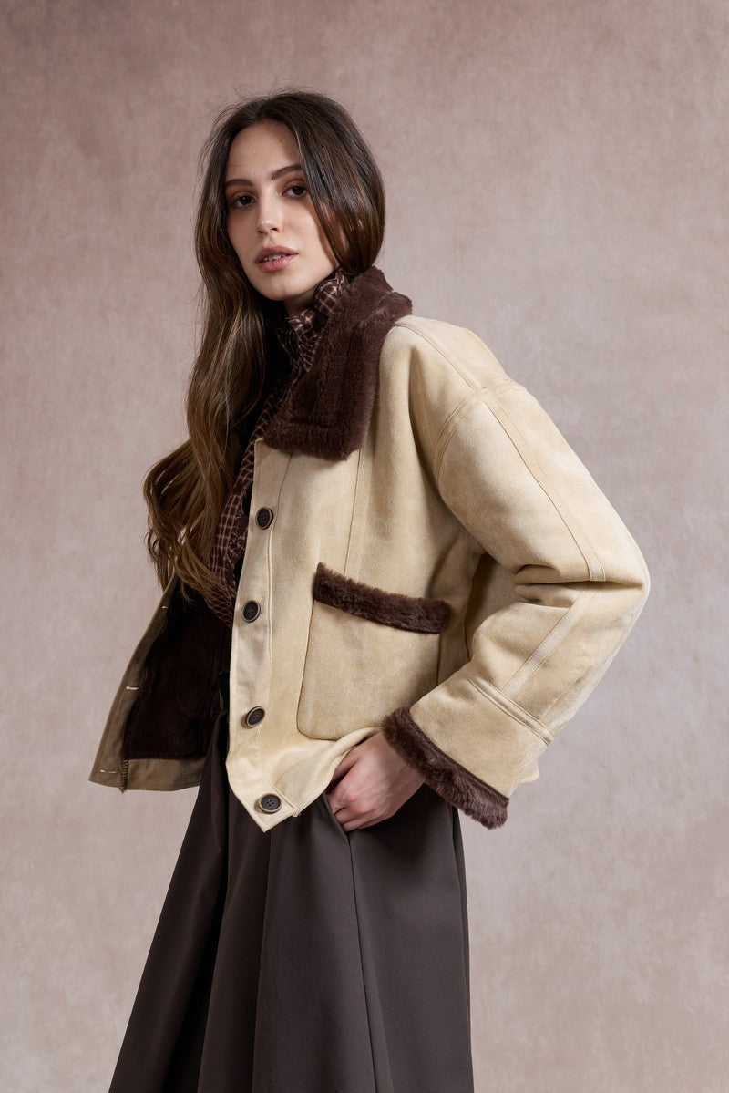 Lorna Suede Jacket with Faux Fur - Beige