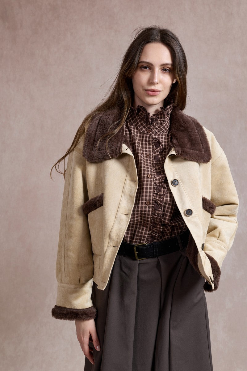 Lorna Suede Jacket with Faux Fur - Beige