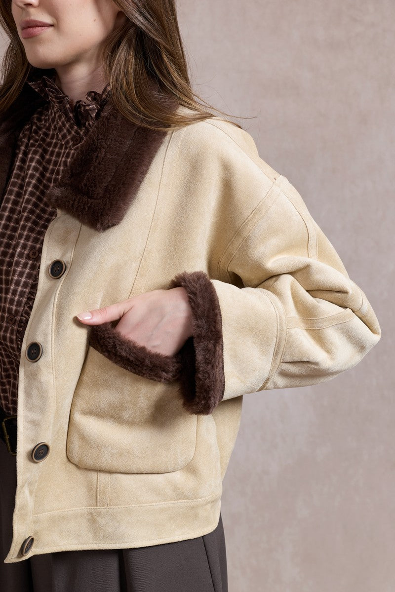 Lorna Suede Jacket with Faux Fur - Beige