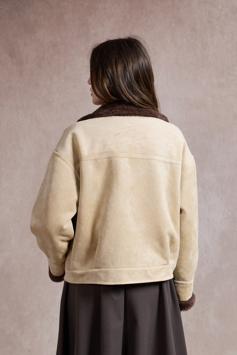 Lorna Suede Jacket with Faux Fur - Beige
