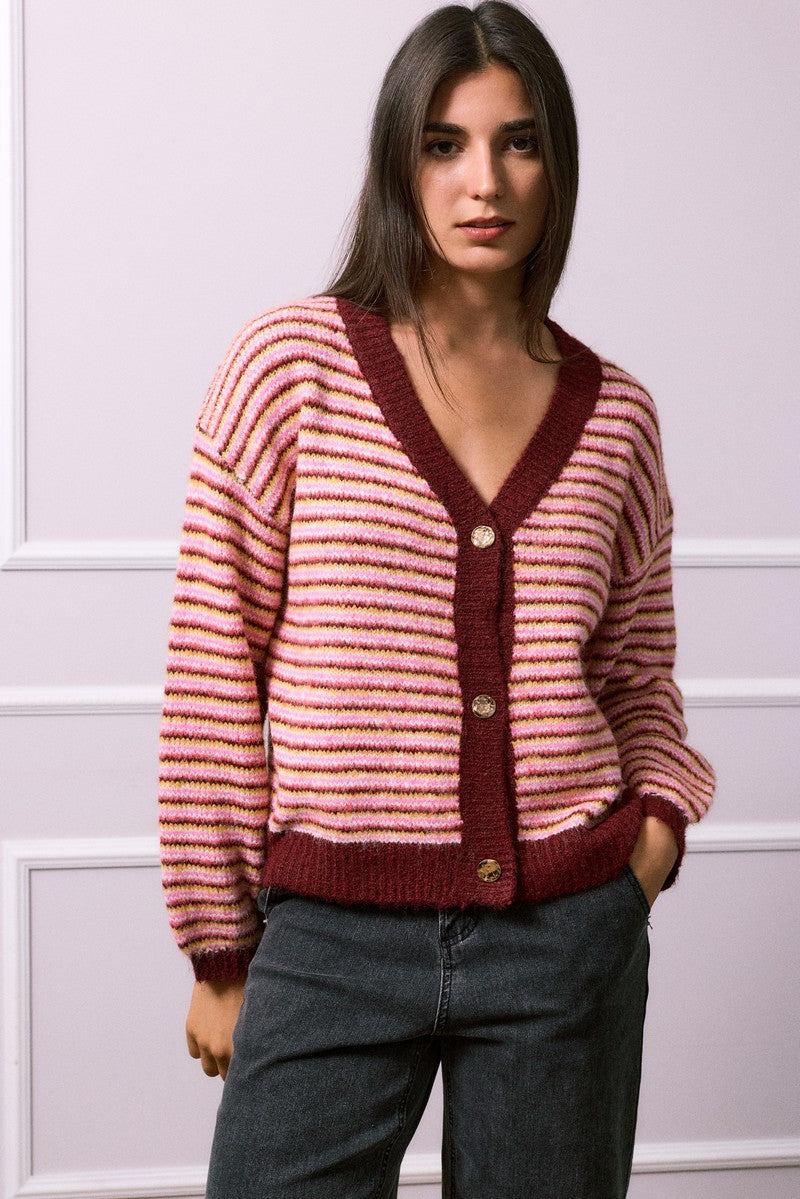 Jessica Stripped Cardigan - Burgundy