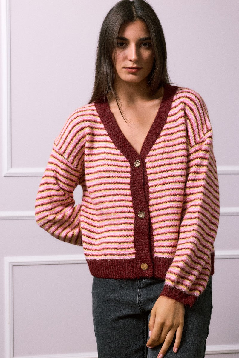 Jessica Stripped Cardigan - Burgundy