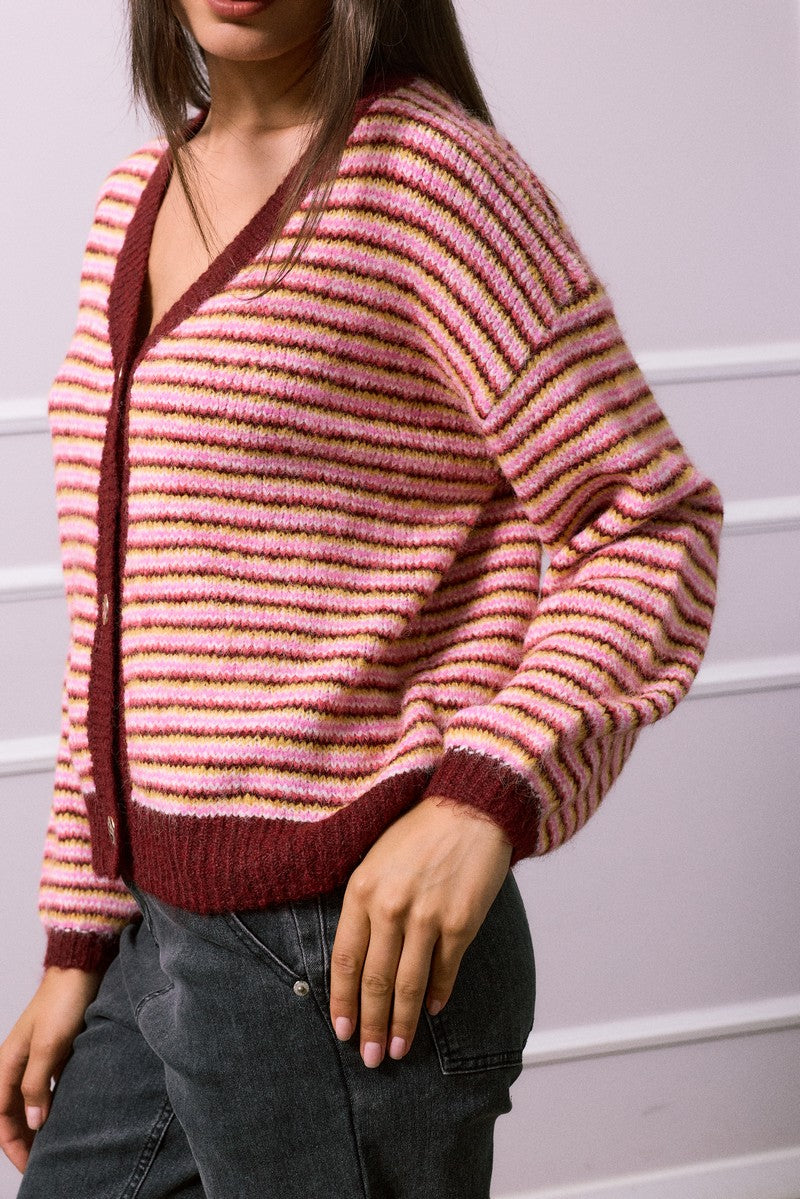 Jessica Stripped Cardigan - Burgundy