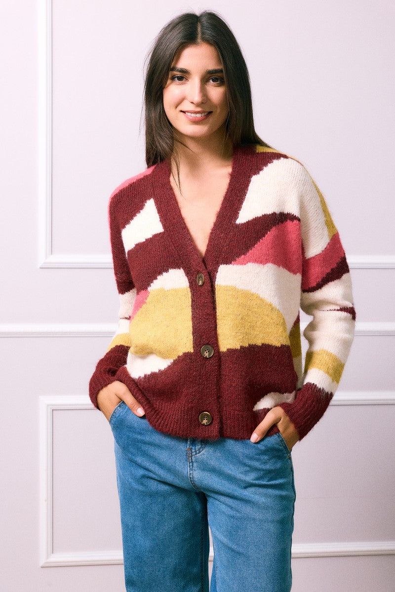 Val Printed Button Down Cardigan - Burgundy