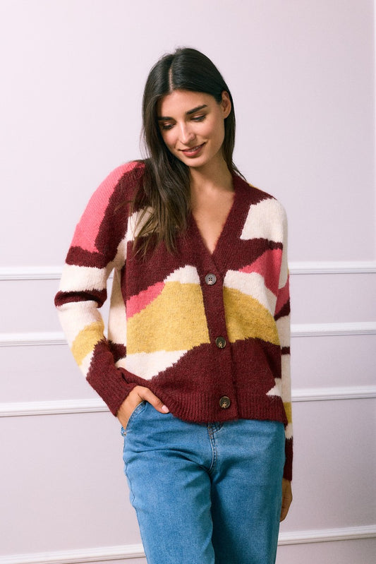 Val Printed Button Down Cardigan - Burgundy