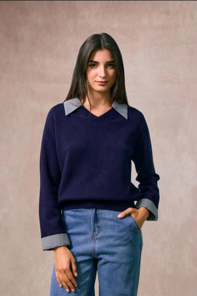 Vivian Check Collar and Cuff Sweater - Navy