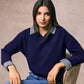 Vivian Check Collar and Cuff Sweater - Navy