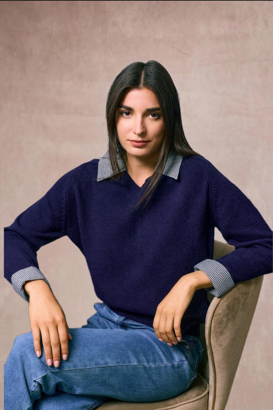 Vivian Check Collar and Cuff Sweater - Navy
