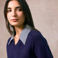 Vivian Check Collar and Cuff Sweater - Navy