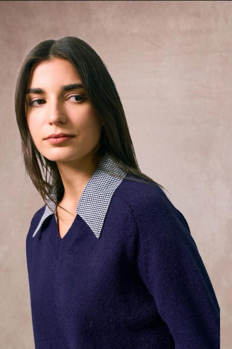 Vivian Check Collar and Cuff Sweater - Navy