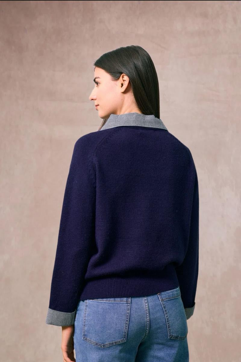 Vivian Check Collar and Cuff Sweater - Navy