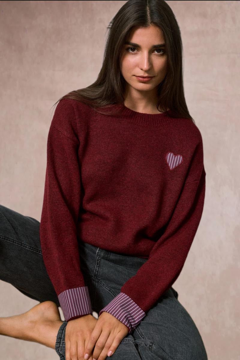Aoife Knit Sweater with Check Prints - Burgundy