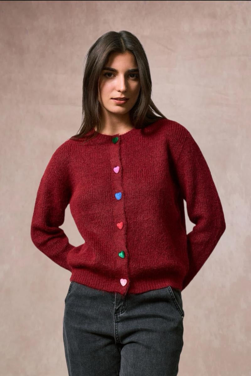 Joanne Heart Shape Button Down Cardigan - Burgundy