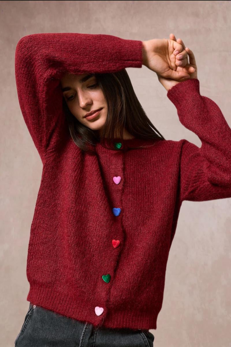 Joanne Heart Shape Button Down Cardigan - Burgundy