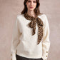 Michelle Knit with Animal Print Scarf and Gold Buttons - Beige