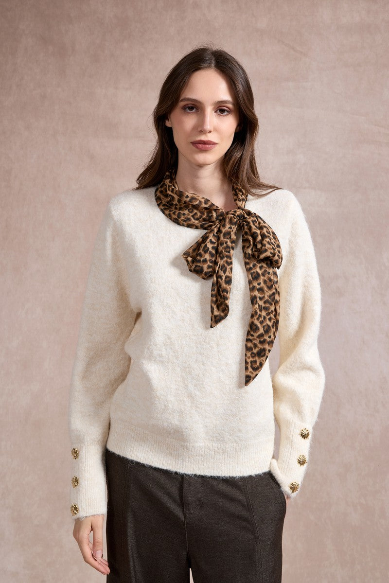 Michelle Knit with Animal Print Scarf and Gold Buttons - Beige