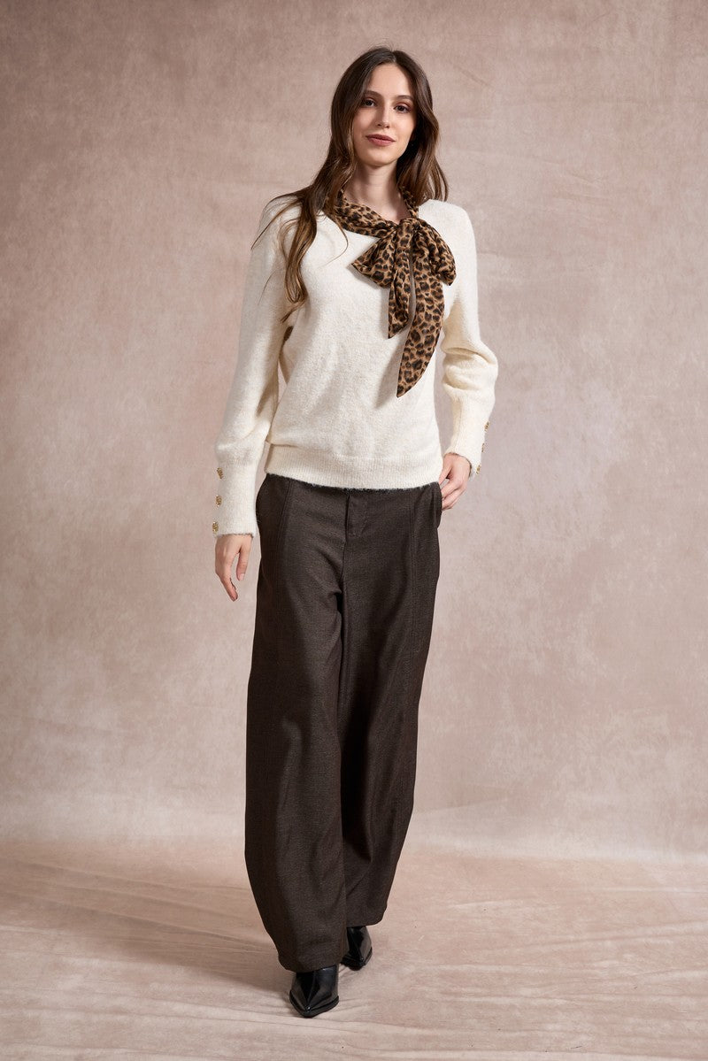 Michelle Knit with Animal Print Scarf and Gold Buttons - Beige