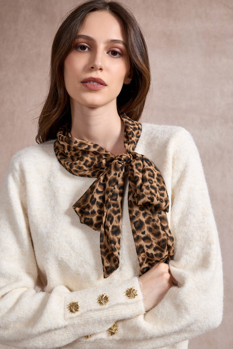 Michelle Knit with Animal Print Scarf and Gold Buttons - Beige