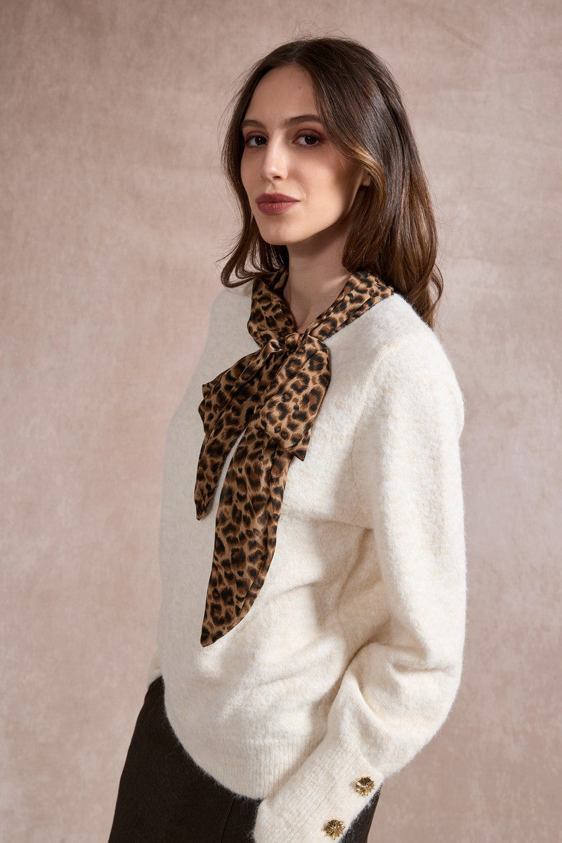 Michelle Knit with Animal Print Scarf and Gold Buttons - Beige