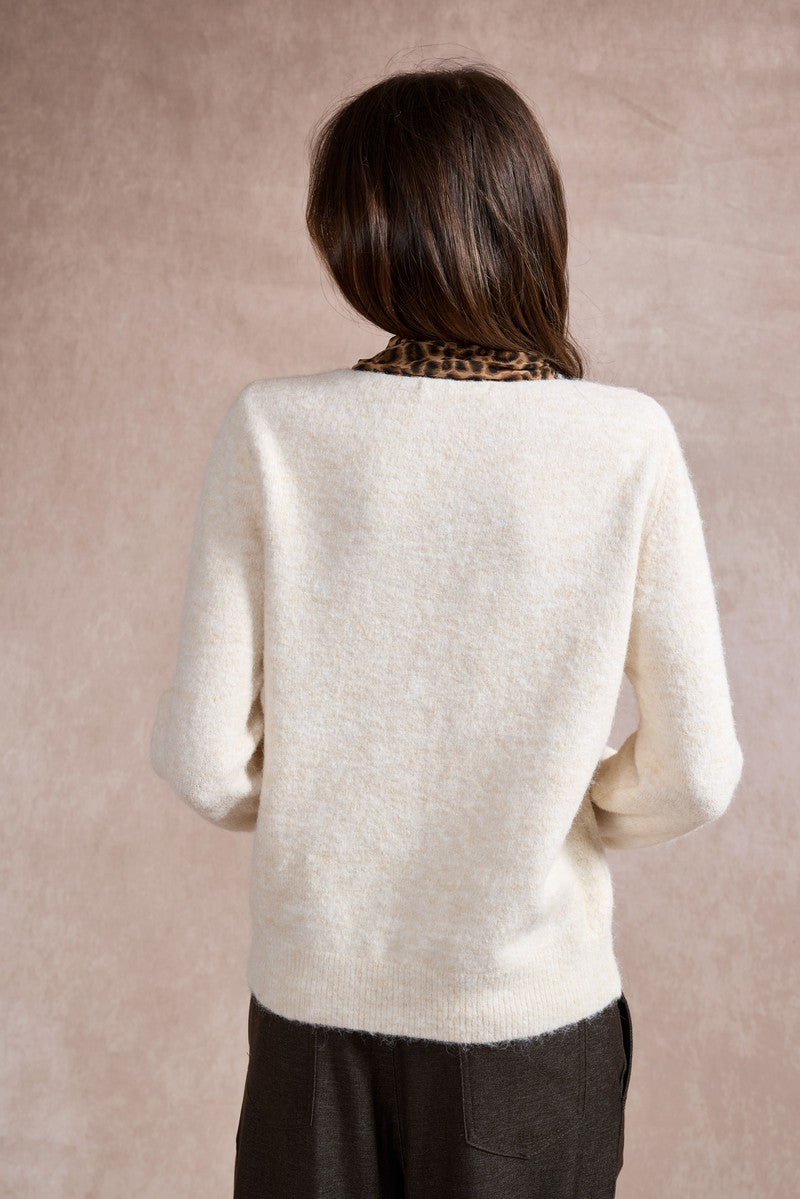 Michelle Knit with Animal Print Scarf and Gold Buttons - Beige