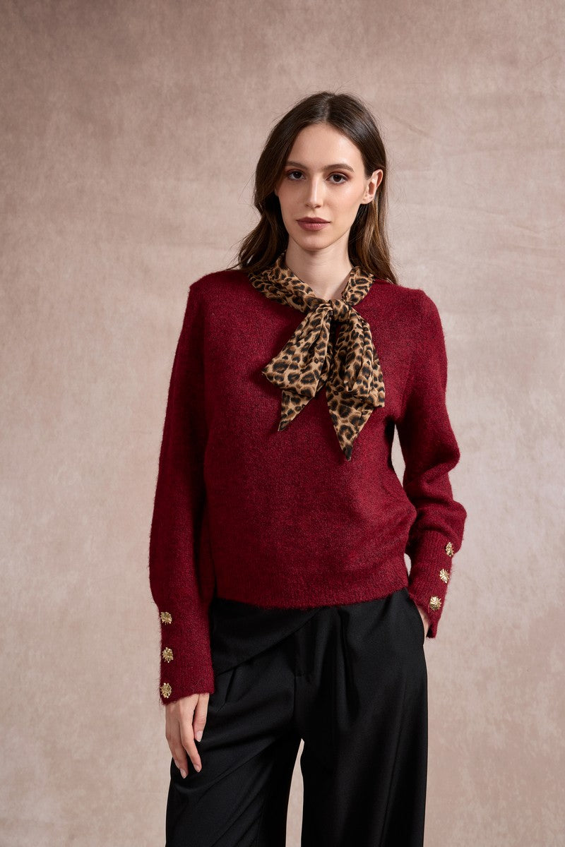 Michelle Knit with Animal Print Scarf and Gold Buttons - Red