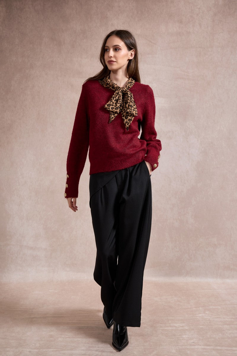 Michelle Knit with Animal Print Scarf and Gold Buttons - Red