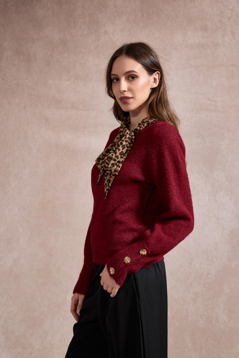 Michelle Knit with Animal Print Scarf and Gold Buttons - Red