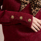 Michelle Knit with Animal Print Scarf and Gold Buttons - Red